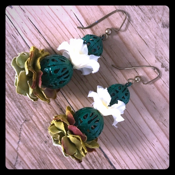 Jewelry - Handmade Metal Ball & Silk Flower Dangle Earrings